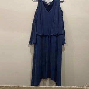 LondonTimes Blue dress looks like denim but is not, V neck, bare shoulders,